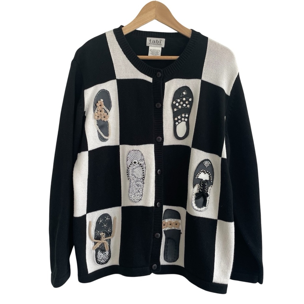 Vintage Tabi Embellished Cardigan Sweater Shoes Size L 80s 90s Novelty Grandma